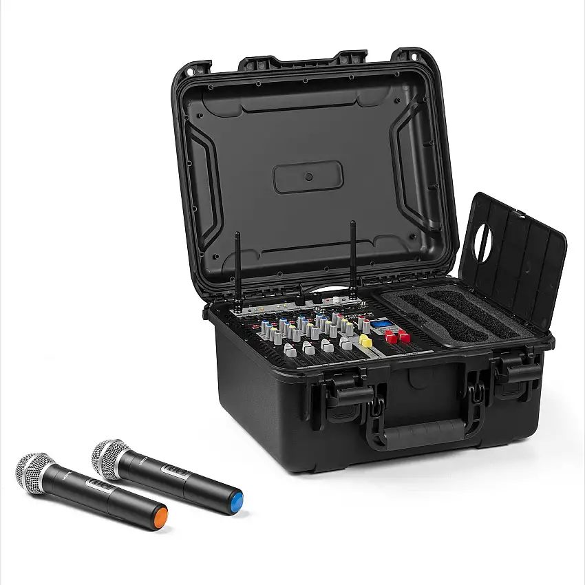 Vonyx VMA106 6Ch Power mixer i ABS-fodral med 2 UHF trådlösa mikrofoner