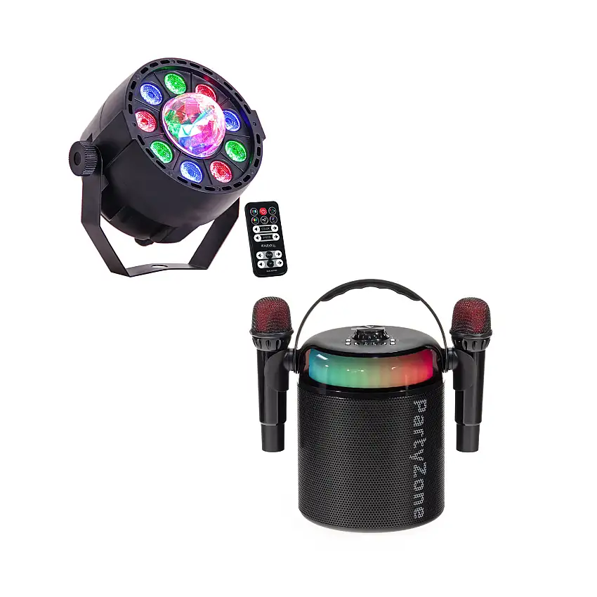 PartyZone Karaoke Set med 2 Mikrofoner (Svart) & LED PAR-ASTRO 2-i-1 Diskoljus